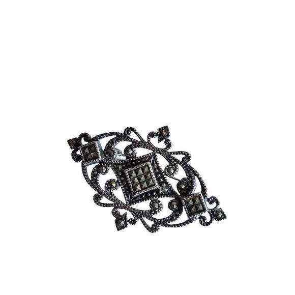 Marcasite Sterling Silver Art Deco Style Brooch Pin 1 3/4" in Box - Picture 4 of 5